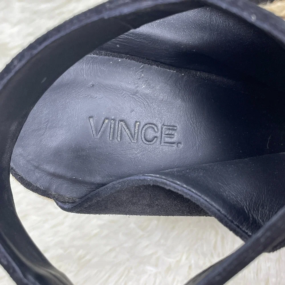 Vince Espadrille Wedge Sandals Womens 6.5 Black Excellent Suede Peep Toe Italy